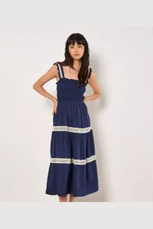 Apricot Midikleid Häkelspitzen-Stufenkleid, mit Smokdetails blau L (40)