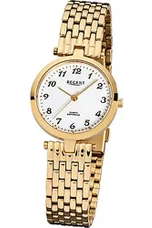 Regent Quarzuhr Stahl Damen Uhr F-905 Quarzuhr, (Analoguhr), Damenuhr mit Edelstahlarmband, rundes Gehäuse, klein (ca. 28mm), Elega goldfarben