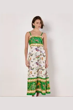 Apricot Druckkleid Midikleid mit Vögeln und Palmen, mit Trägern grün L (40)