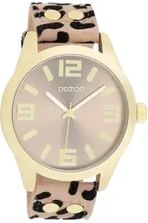 Oozoo Quarzuhr Damen Armbanduhr beige schwarz, (Analoguhr), Damenuhr rund, extra groß (ca. 46mm) Lederarmband, Casual-Style schwarz