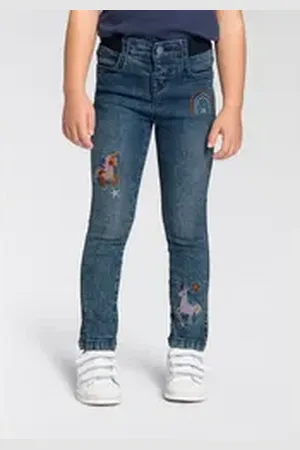 Kidsworld Stretch-Jeans, Basic Jeans mit toller Stickerei schmale Beinform, mit verstellbarem Gummizug am Bund, lang blau 98