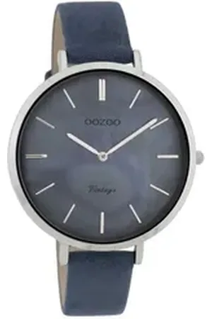 Oozoo Quarzuhr Vintage Damenuhr C9808 – Silberfarben, Blau Perlmuttoptik, Lederband, 40 mm, elegante Armbanduhr für Damen