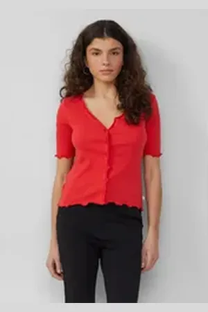 QS by s.Oliver Kurzarmshirt Rippshirt mit Babylock-Kanten und Knopf-Detail Raffung rot XXL