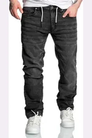 amaci Straight-Jeans COPPELL Sweathose im Denim Look Herren Sweathose in Stretch Denim Basic Jeans Kordel schwarz W36