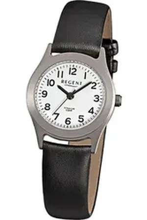 Regent Quarzuhr Leder Damen Uhr F-871 Quarzuhr, (Analoguhr), Damenuhr rund, klein (ca. 26mm), Titan, Lederarmband, Elegant-Style schwarz