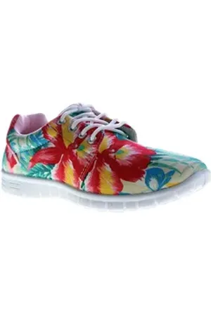 Scandi Damen Sneaker Halb Schuhe leicht flexibel bunt Schnürschuh Leinenschuhe Blumen Muster Bunt grün 36 EU