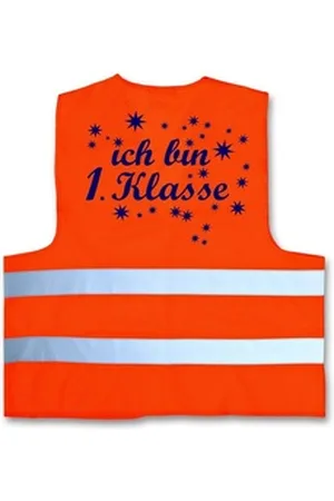 Coole-Fun-T-Shirts Schulranzen Ich bin 1. Klasse ! Kinder Warnweste zur Einschulung Schulanfang ABC Schützen Gr. XS 120-140 cm oder S 152-160 cm Sicherheitsweste Neongelb und orange XS