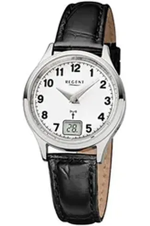 Regent Funkuhr Damen-Armbanduhr schwarz, (Funkuhr), Damen Funkuhr rund, klein (ca. 29mm), Lederarmband schwarz