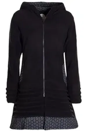 Vishes Kurzmantel Lange Fleecejacke Hippiemantel Übergangsjacke Zipfelkapuze Goa Style, Microfleece schwarz 34