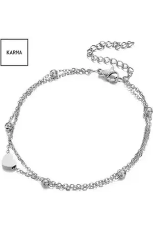 Karma Fußkette mit Anhänger Fußkettchen mit Herz Anhänger silber Fusskette, Fußschmuck Damen Urlaub Strand Edelstahl silberfarben