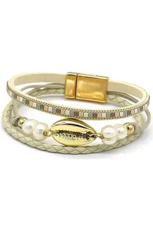 Karma Lederarmband Armband mehrreihig Gold Beige Muschel Leder Edelstahl Lederarmband (Damenschmuck Lederarmband), Damenarmband Wickelarmband modern Armband Damen beige|braun