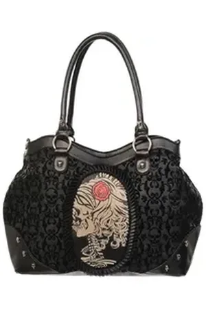 Banned Retro Schultertasche Necromancer Cameo, Skelett Dame Gemme Samt Gothic schwarz