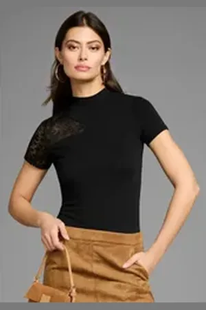 Laura Scott T-Shirt mit edlem Spitzeneinsatz schwarz 40/42