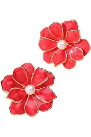 Karma Paar Ohrstecker Damen Blüten Legierung Emaille bunt verschiedene Farben Ohrschmuck (Schwarz Grün Rot Violett Pink oder Creme, Blumenohrringe Blumenohrstecker), modern Damenschmuck Ohrringe Damenohrstecker rot