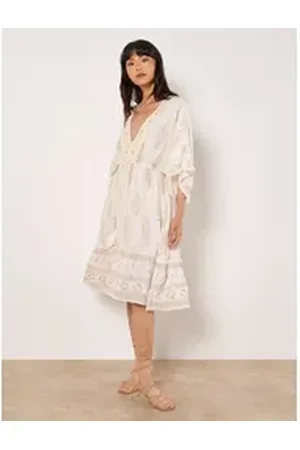 Apricot Midikleid Gold Print Tassel Dress, mit Gold-Details weiß L (40)