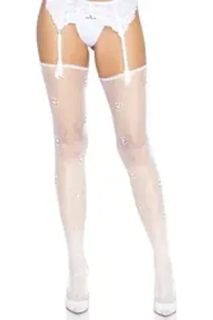 Leg Avenue Halterlose Strümpfe Halterlose Netzstrümpfe mit Gänseblümchen-Muster weiß weiß