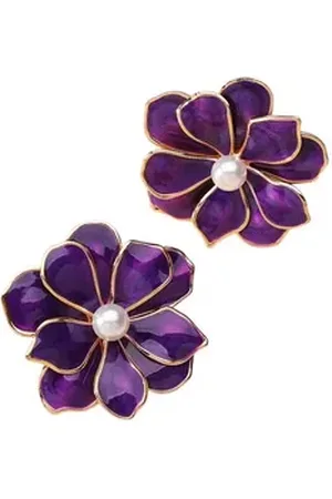 Karma Paar Ohrstecker Damen Blüten Legierung Emaille bunt verschiedene Farben Ohrschmuck (Schwarz Grün Rot Violett Pink oder Creme, Blumenohrringe Blumenohrstecker), modern Damenschmuck Ohrringe Damenohrstecker lila