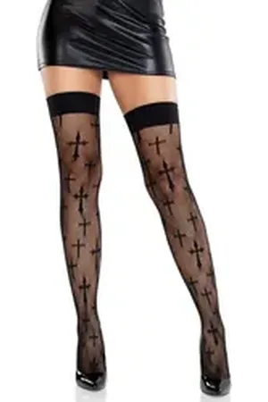 Leg Avenue Halterlose Strümpfe Halterlose Netzstrümpfe mit Kreuzmuster schwarz schwarz
