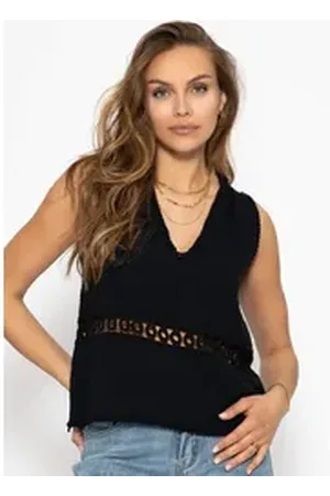SASSYCLASSY T-Shirt Sommer Musseilin Top mit V-Ausschnitt Elegant Lockerer ärmellose Bluse aus Baumwolle mit dekorativer Spitzenborte schwarz S