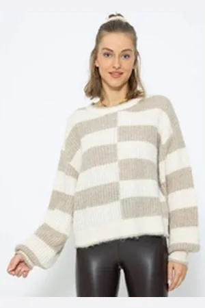SASSYCLASSY Strickpullover Lässiger Pullover mit versetzten Blockstreifen Pullover mit versetzten Blockstreifen beige L