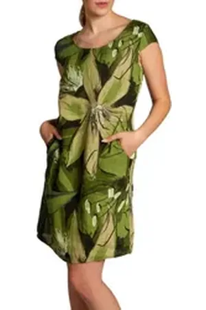 CASPAR Sommerkleid SKL035 knielanges elegantes Damen Sommer Leinenkleid mit abstraktem Blüten Print grün XL - DE42 UK14 IT46 ES44 US12
