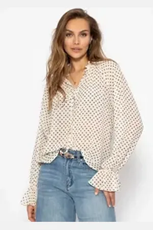 SASSYCLASSY Langarmbluse Hemdbluse aus Chiffon mit Pünktchen-Print Elegant Lässige fließende Chiffonbluse mit Rüschenkragen und Bindeband Beige beige L