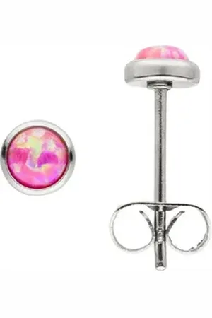 Jobo Paar Ohrstecker, Edelstahl mit synthetischem Opal rosa 5 mm silberfarben