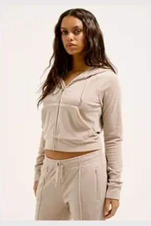 Juicy Couture Kapuzennickijacke MADISON HOODIE Damen Trainingsjacke Damen, Sweatjacke mit Kapuze, Velour, mit Glitzer, Sale grau L