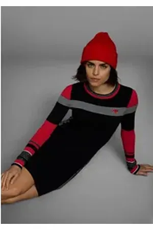 KangaROOS Strickkleid figurbetont, lang, sportiver Look, aus Baumwollmix, Langarm rot|schwarz 48 (XL)