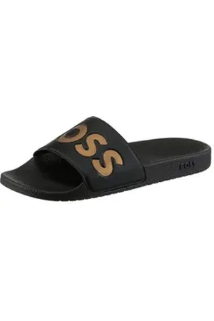 HUGO BOSS Aryeh Slid Badepantolette, Poolslides, Schlappen, Strandschuh, Sommerschuh mit Logoschriftzug goldfarben|schwarz 39 EU