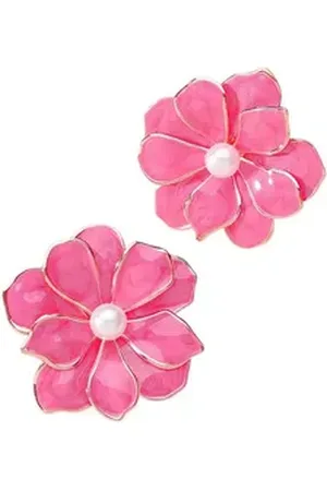 Karma Paar Ohrstecker Damen Blüten Legierung Emaille bunt verschiedene Farben Ohrschmuck (Schwarz Grün Rot Violett Pink oder Creme, Blumenohrringe Blumenohrstecker), modern Damenschmuck Ohrringe Damenohrstecker rosa