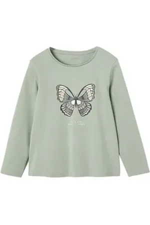 Vertbaudet Langarmshirt Mädchen Shirt mit Messageprint BASIC Glitzereffekt grau|grün 110