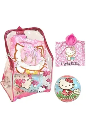 Hello Kitty Badeponcho, Baumwolle, mit Kapuze, 3-teiliges Strandset mit Badeponcho Ball und Rucksack rosa