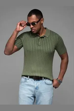 Ombre Clothing Poloshirt SLIM FIT Poloshirt aus Viskose, vertikal gerippt grün XL