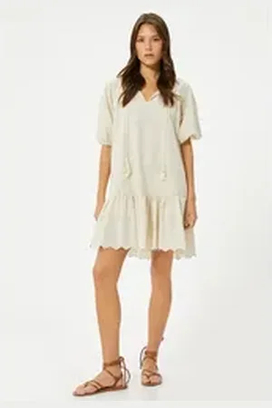 Koton Volantkleid Knielänge Geschichtet Kleid beige 40