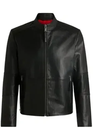 HUGO BOSS Outdoorjacke Slim-Fit Lederjacke mit Stehkragen schwarz L