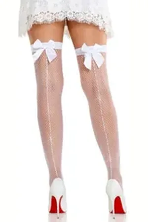 Leg Avenue Halterlose Strümpfe Halterlose Netzstrümpfe mit Satinschleife und Naht mit Strass weiß weiß