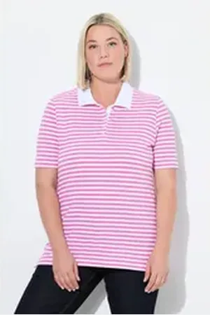 Ulla Popken Poloshirt Poloshirt Classic Fit Piqué Ringel Halbarm rosa 54/56