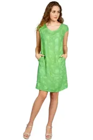 CASPAR Sommerkleid SKL031 knielanges Damen Sommer Leinenkleid mit Ginko Blatt Stickmuster Luftig leicht, figurumspielende Form, mit seitlichem Jersey-Einsatz grün S - DE36 UK8 IT40 ES38 US6