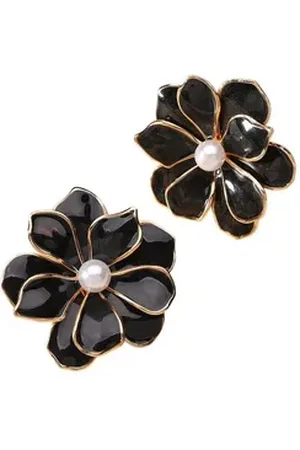 Karma Paar Ohrstecker Damen Blüten Legierung Emaille bunt verschiedene Farben Ohrschmuck (Schwarz Grün Rot Violett Pink oder Creme, Blumenohrringe Blumenohrstecker), modern Damenschmuck Ohrringe Damenohrstecker schwarz