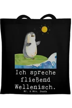 Mr. & Mrs. Panda Tragetasche Fließend Surfen - Schwarz - Geschenk, Ozean, Geduld, Strandtasche, Ju (1-tlg) schwarz