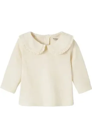 Vertbaudet Langarmshirt Mädchen Baby Shirt, Bubikragen mit Rüschen beige|weiß 74