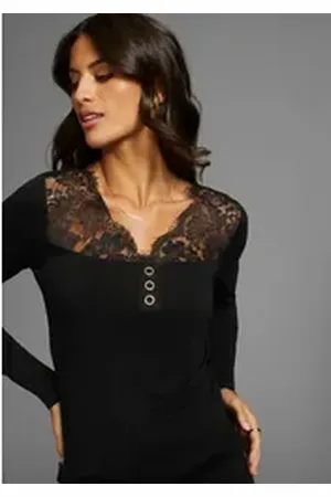 Laura Scott Spitzenshirt mit hübschen Zierknöpfen schwarz 42