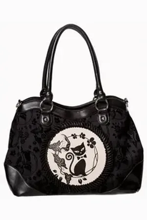 Banned Retro Schultertasche Call Of The Phoenix Schwarz, Katze Gemme Samt Gothic schwarz