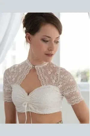 MY CHOICE Dirndlbluse Spitze hochgeschlossen mit raffiniertem Ausschnitt creme 1/2 Arm (1-teilig) edle Spitze,teilweise mit Jersey unterlegt, made in Europe weiß 38