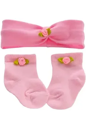 La Bortini Stirnband Socken und Kopfband Set in Rosa Haarbend Strümpfe für Neugeborene elastisch, weich, pink mit Blümchen für Neugeborene Babys, festlich rosa 21-22
