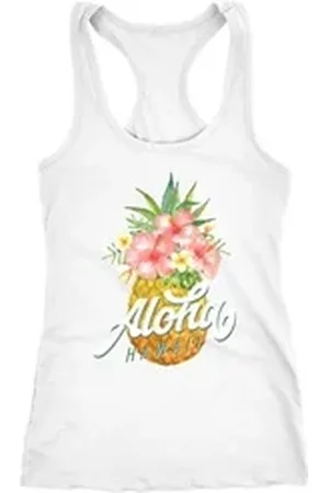Neverless Tanktop Damen Tank-Top Ananas Aloha Hawaii Blumen Pineapple Tropical Summer Jungle Paradise Hummingbird Racerback Slim Fit tailliert Baumwolle ® weiß XXL
