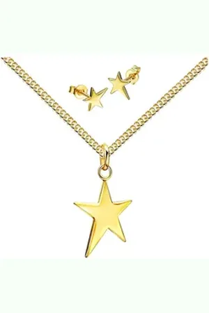 JEVELION Schmuckset Anhänger Stern mit 2x Ohrstecker 585 Gold - Made in Germany (Goldanhänger + Gold-Ohrschmuck, für Damen und Mädchen), Mit Kette vergoldet- Länge wählbar 36 - 70 cm oder ohne Kette.