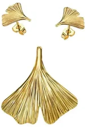 JEVELION Schmuckset Anhänger Ginkgo mit 2x Ohrstecker 333 Gold - Made in Germany (Goldanhänger + Gold-Ohrschmuck, für Damen und Mädchen), Mit Kette vergoldet- Länge wählbar 36 - 70 cm oder ohne Kette.