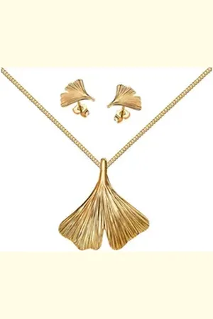 JEVELION Schmuckset Anhänger Ginkgo - Blatt mit 2x Ohrstecker 750 Gold - Made in Germany (Goldanhänger + Gold-Ohrschmuck, für Damen und Mädchen), Mit Kette vergoldet- Länge wählbar 36 - 70 cm oder ohne Kette.